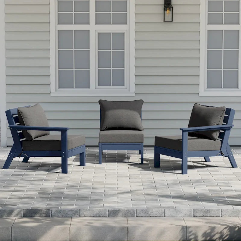 Canapé d'extérieur Polytrends Birchwood en PEHD bleu marine avec coussins (3 pièces)