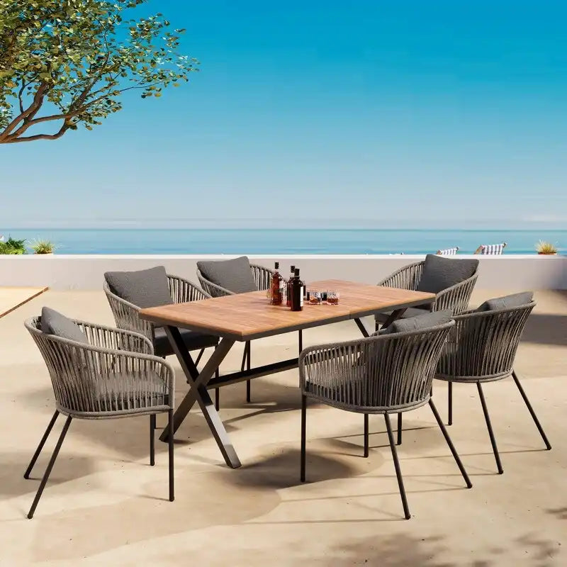 7 Pieces All-Weather Patio Dining Set with Acacia Wood Tabletop and 6 Chairs