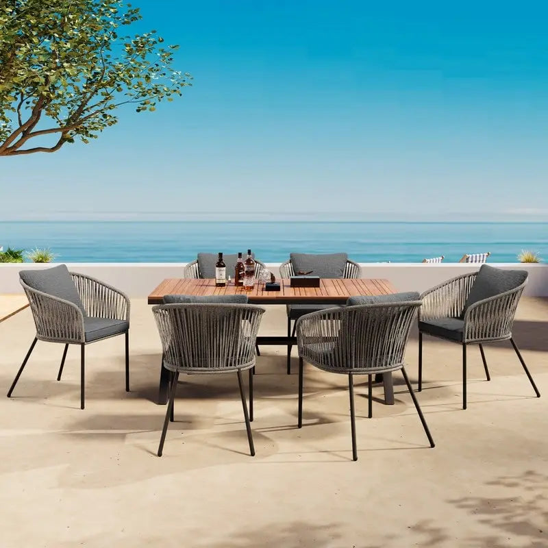 Ensemble de salle à manger d'extérieur 7 pièces résistant aux intempéries avec plateau de table en bois d'acacia et 6 chaises