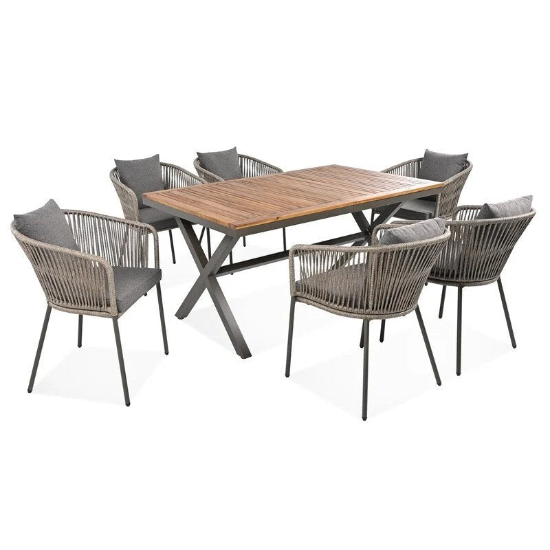 Ensemble de salle à manger d'extérieur 7 pièces résistant aux intempéries avec plateau de table en bois d'acacia et 6 chaises