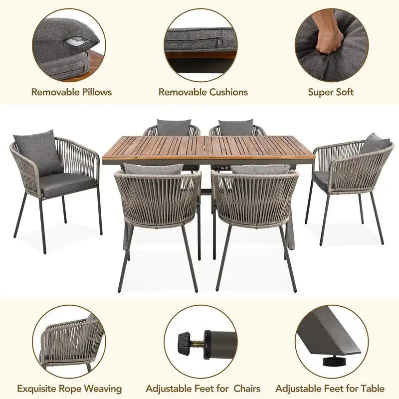 Ensemble de salle à manger d'extérieur 7 pièces résistant aux intempéries avec plateau de table en bois d'acacia et 6 chaises