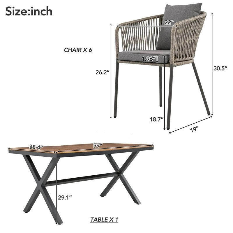 Ensemble de salle à manger d'extérieur 7 pièces résistant aux intempéries avec plateau de table en bois d'acacia et 6 chaises