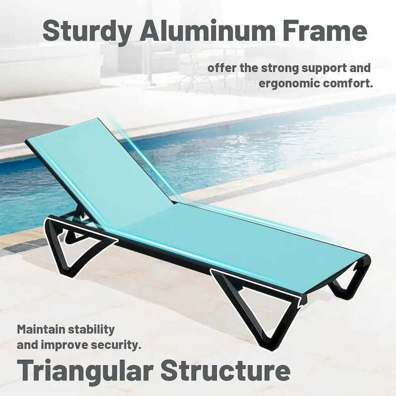 Chaise longue d'extérieur, 2 pièces, chaise longue de patio en aluminium et plastique avec dossier réglable sur 5 positions et roulettes