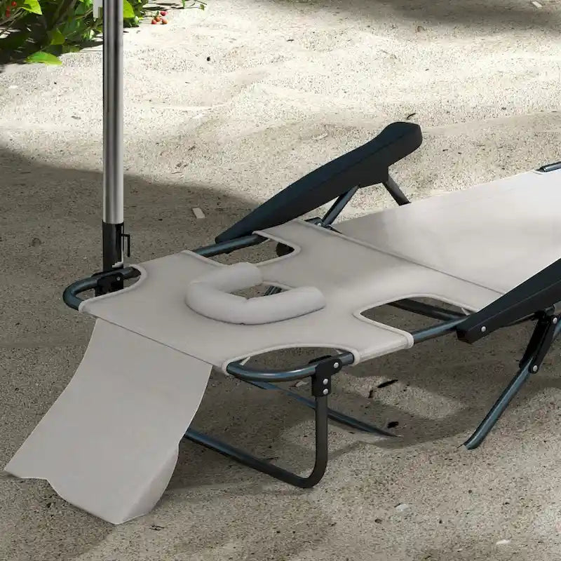 Chaise longue de bronzage, chaise de plage 4 positions avec ouvertures pour le visage et les bras, appui-tête coussin