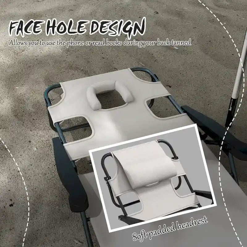 Chaise longue de bronzage, chaise de plage 4 positions avec ouvertures pour le visage et les bras, appui-tête coussin