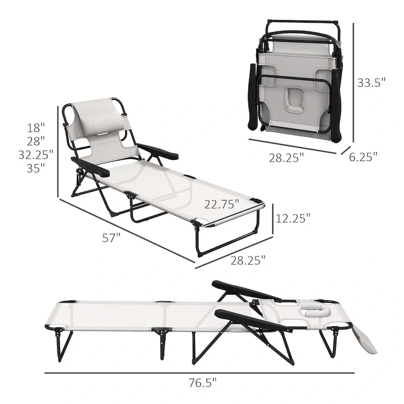 Chaise longue de bronzage, chaise de plage 4 positions avec ouvertures pour le visage et les bras, appui-tête coussin