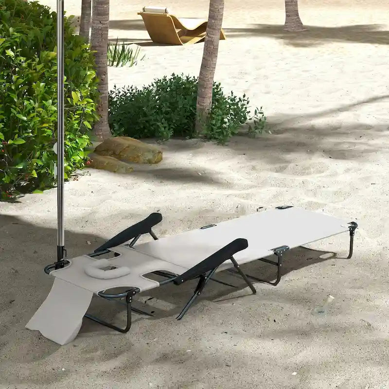 Chaise longue de bronzage, chaise de plage 4 positions avec ouvertures pour le visage et les bras, appui-tête coussin