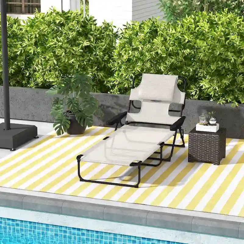 Chaise longue de bronzage, chaise de plage 4 positions avec ouvertures pour le visage et les bras, appui-tête coussin
