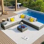 Ensemble de canapé d'extérieur modulaire moderne en résine tressée 8 pièces avec 1 table basse et 2 poufs, idéal pour les patios, les cours et les jardins.