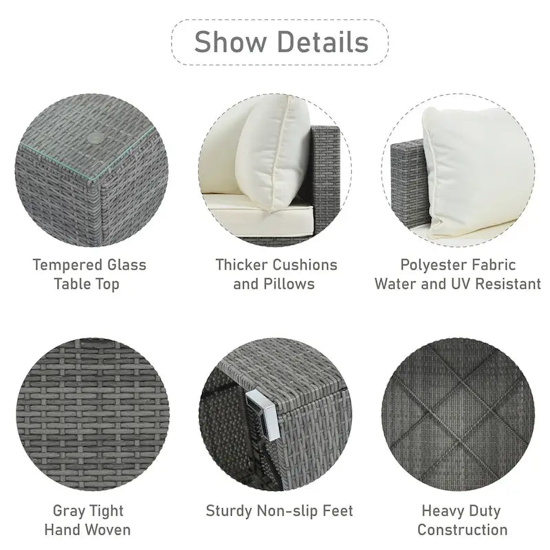 Ensemble de canapé d'extérieur modulaire moderne en résine tressée 8 pièces avec 1 table basse et 2 poufs, idéal pour les patios, les cours et les jardins.