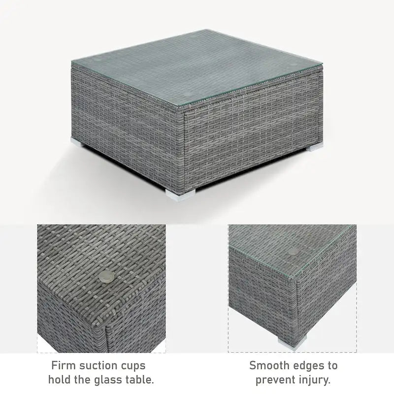 Ensemble de canapé d'extérieur modulaire moderne en résine tressée 8 pièces avec 1 table basse et 2 poufs, idéal pour les patios, les cours et les jardins.
