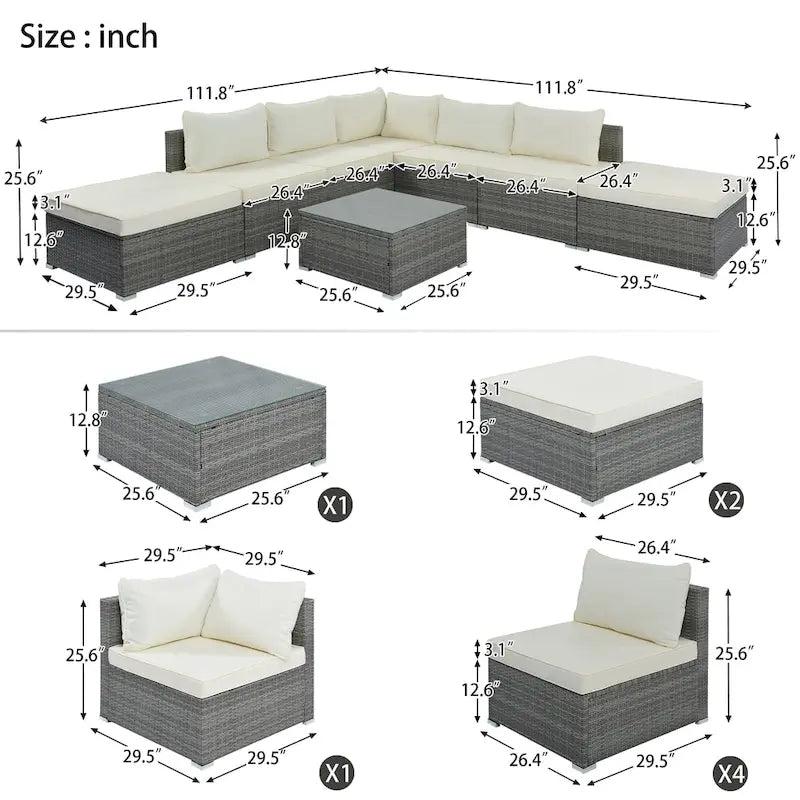 Ensemble de canapé d'extérieur modulaire moderne en résine tressée 8 pièces avec 1 table basse et 2 poufs, idéal pour les patios, les cours et les jardins.