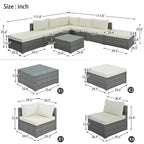 Ensemble de canapé d'extérieur modulaire moderne en résine tressée 8 pièces avec 1 table basse et 2 poufs, idéal pour les patios, les cours et les jardins.