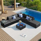 Ensemble de canapé d'extérieur modulaire moderne en résine tressée 8 pièces avec 1 table basse et 2 poufs, idéal pour les patios, les cours et les jardins.