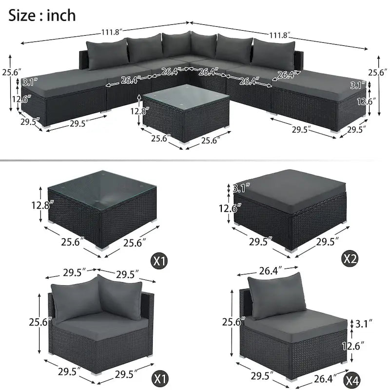 Ensemble de canapé d'extérieur modulaire moderne en résine tressée 8 pièces avec 1 table basse et 2 poufs, idéal pour les patios, les cours et les jardins.