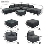 Ensemble de canapé d'extérieur modulaire moderne en résine tressée 8 pièces avec 1 table basse et 2 poufs, idéal pour les patios, les cours et les jardins.