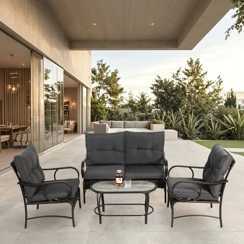 Ensemble de conversation 4 pièces en résine tressée avec coussin, pour terrasse ou porche.