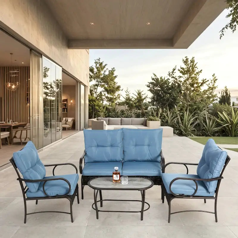 Ensemble de conversation 4 pièces en résine tressée avec coussin, pour terrasse ou porche.