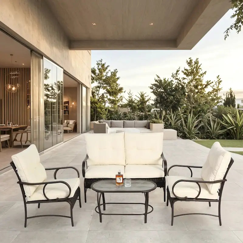 Ensemble de conversation 4 pièces en résine tressée avec coussin, pour terrasse ou porche.