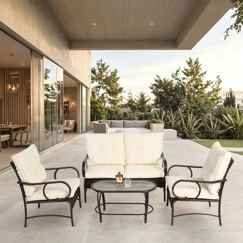 4 Piece Outdoor Patio Wicker Conversation Set with Cushion, for Porch Deck