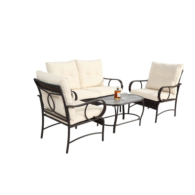 Ensemble de conversation 4 pièces en résine tressée avec coussin, pour terrasse ou porche.
