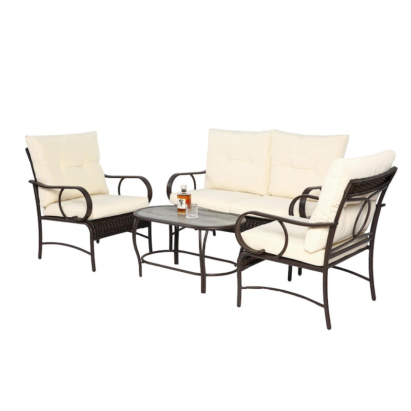 Ensemble de conversation 4 pièces en résine tressée avec coussin, pour terrasse ou porche.