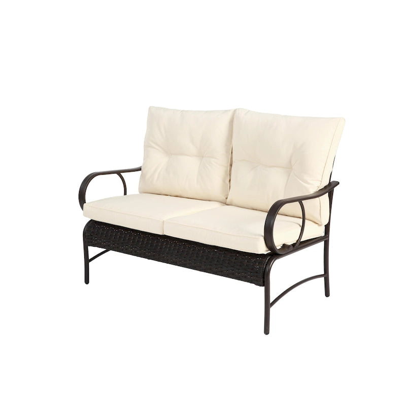 Ensemble de conversation 4 pièces en résine tressée avec coussin, pour terrasse ou porche.