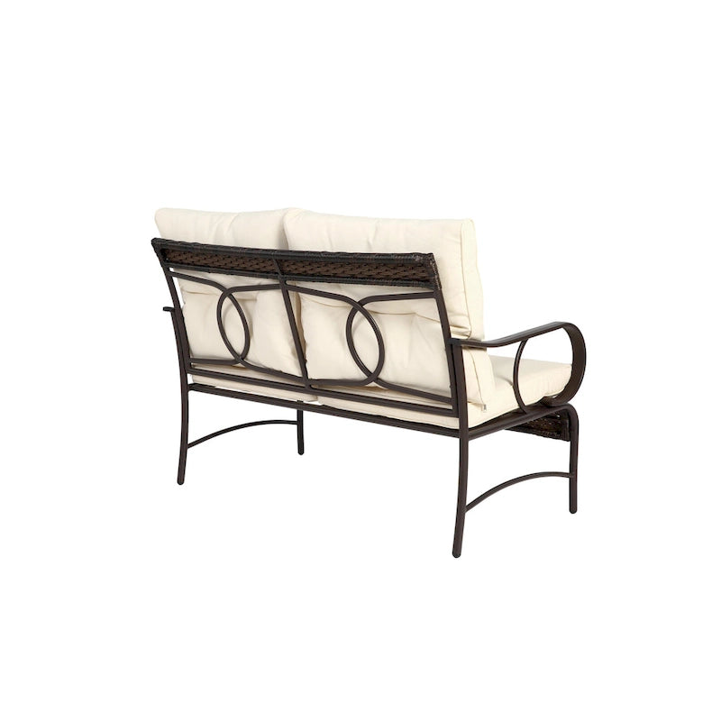 Ensemble de conversation 4 pièces en résine tressée avec coussin, pour terrasse ou porche.
