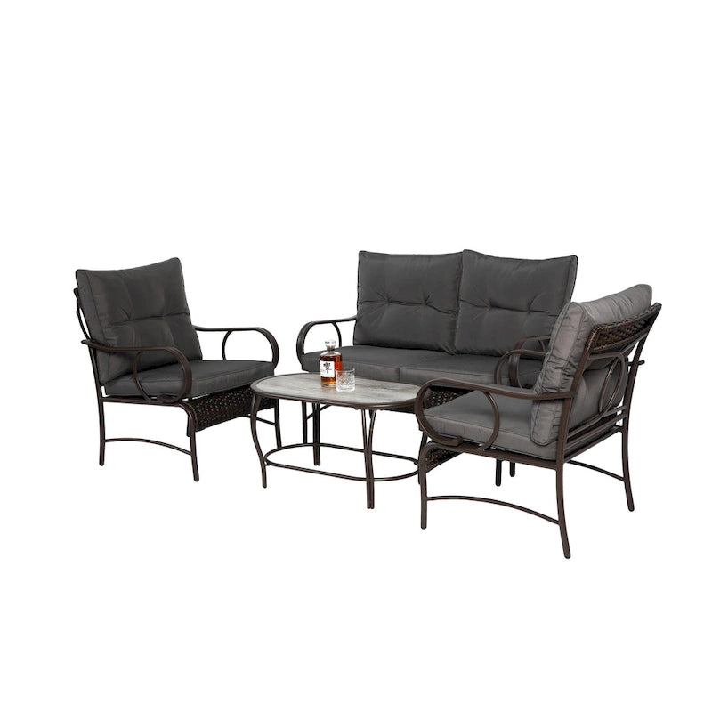 Ensemble de conversation 4 pièces en résine tressée avec coussin, pour terrasse ou porche.