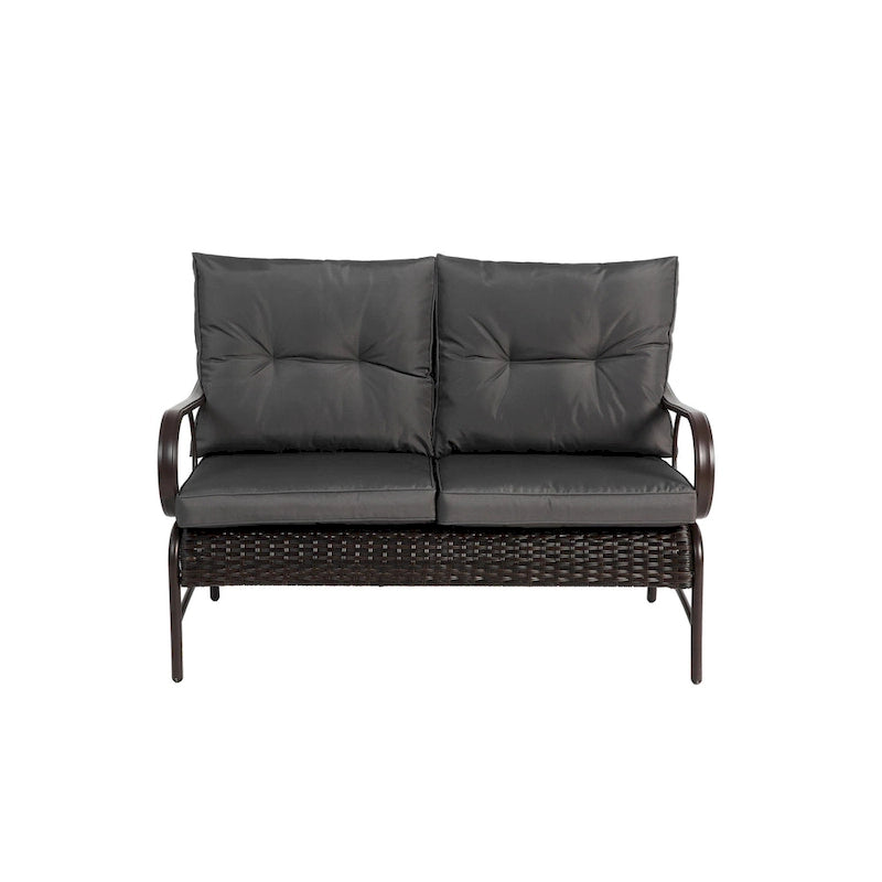Ensemble de conversation 4 pièces en résine tressée avec coussin, pour terrasse ou porche.