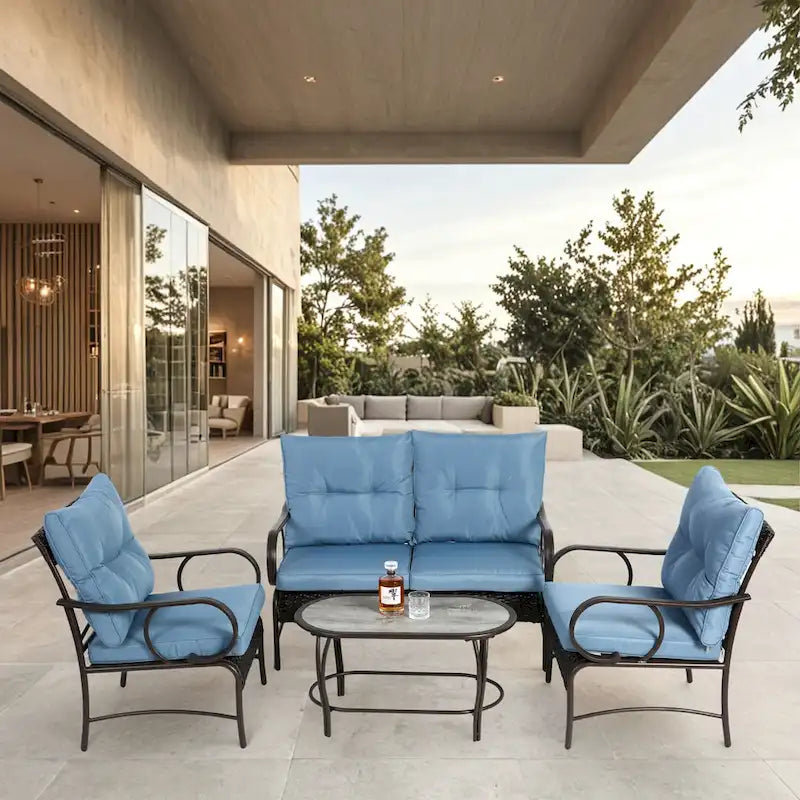 Ensemble de conversation 4 pièces en résine tressée avec coussin, pour terrasse ou porche.