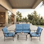 Ensemble de conversation 4 pièces en résine tressée avec coussin, pour terrasse ou porche.