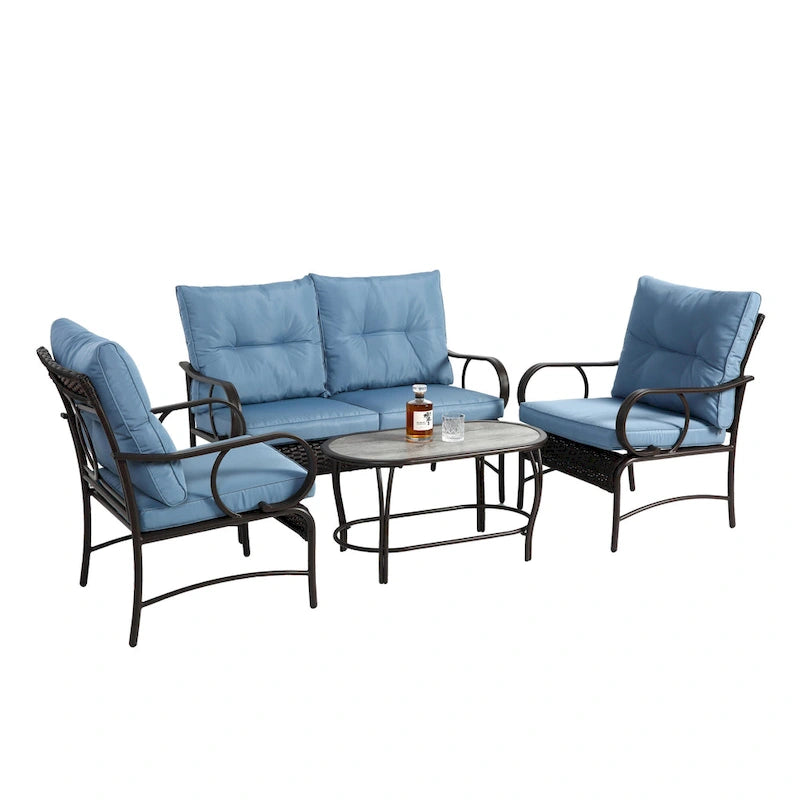 Ensemble de conversation 4 pièces en résine tressée avec coussin, pour terrasse ou porche.