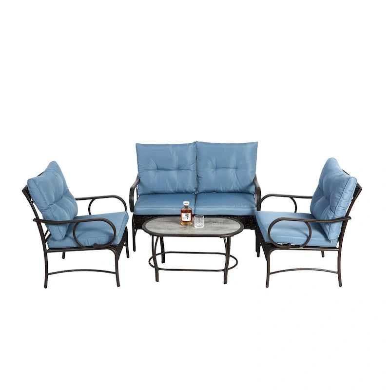 Ensemble de conversation 4 pièces en résine tressée avec coussin, pour terrasse ou porche.