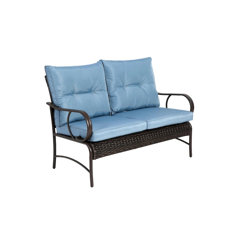 Ensemble de conversation 4 pièces en résine tressée avec coussin, pour terrasse ou porche.