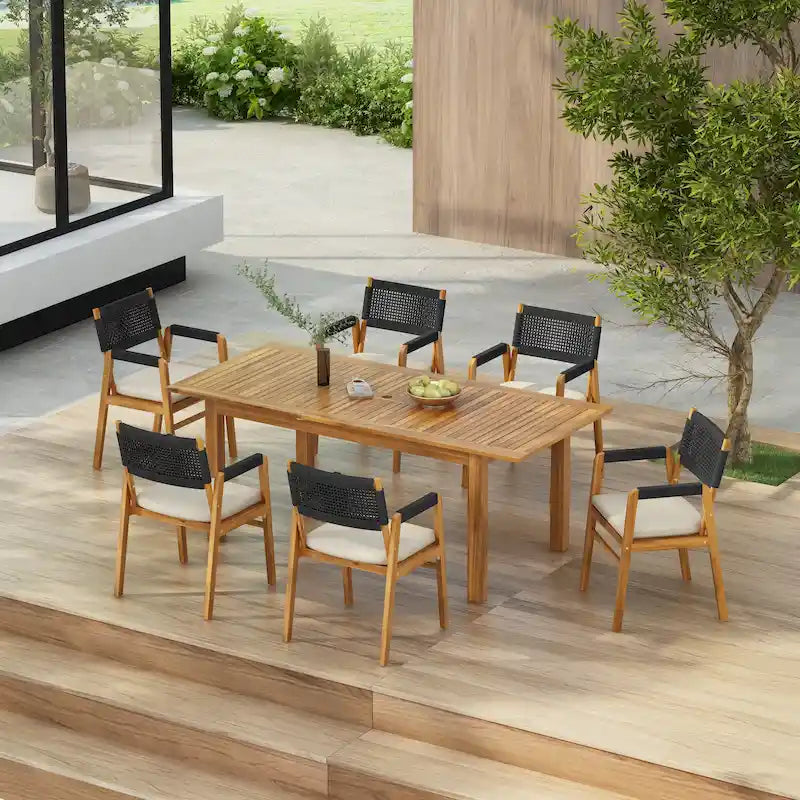 Christopher Knight Home - Ensemble de salle à manger d'extérieur Ethan 7 pièces extensible en bois d'acacia avec fauteuils en corde tressée