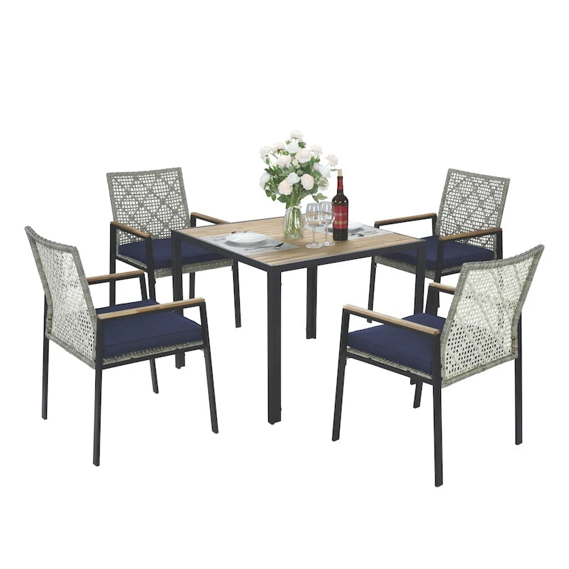 Ensemble de table et chaises de jardin 5 pièces résistant aux intempéries, ensemble de conversation pour patio, plateau de table en bois d'acacia avec trou pour parasol, rotin extérieur