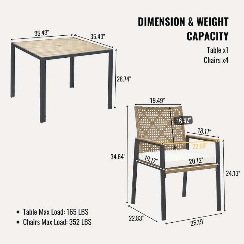 Ensemble de table et chaises de jardin 5 pièces résistant aux intempéries, ensemble de conversation pour patio, plateau de table en bois d'acacia avec trou pour parasol, rotin extérieur