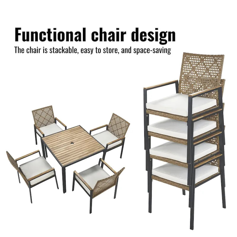 Ensemble de table et chaises de jardin 5 pièces résistant aux intempéries, ensemble de conversation pour patio, plateau de table en bois d'acacia avec trou pour parasol, rotin extérieur
