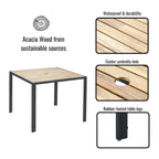 Ensemble de table et chaises de jardin 5 pièces résistant aux intempéries, ensemble de conversation pour patio, plateau de table en bois d'acacia avec trou pour parasol, rotin extérieur