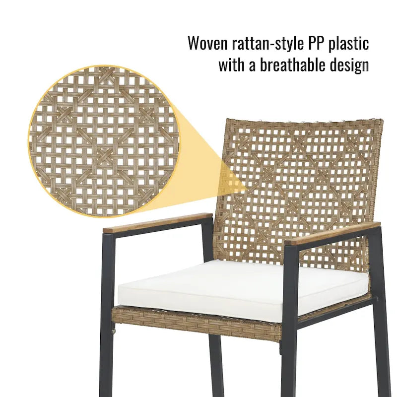 Ensemble de table et chaises de jardin 5 pièces résistant aux intempéries, ensemble de conversation pour patio, plateau de table en bois d'acacia avec trou pour parasol, rotin extérieur