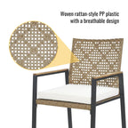 Ensemble de table et chaises de jardin 5 pièces résistant aux intempéries, ensemble de conversation pour patio, plateau de table en bois d'acacia avec trou pour parasol, rotin extérieur
