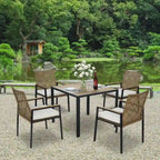 Ensemble de table et chaises de jardin 5 pièces résistant aux intempéries, ensemble de conversation pour patio, plateau de table en bois d'acacia avec trou pour parasol, rotin extérieur