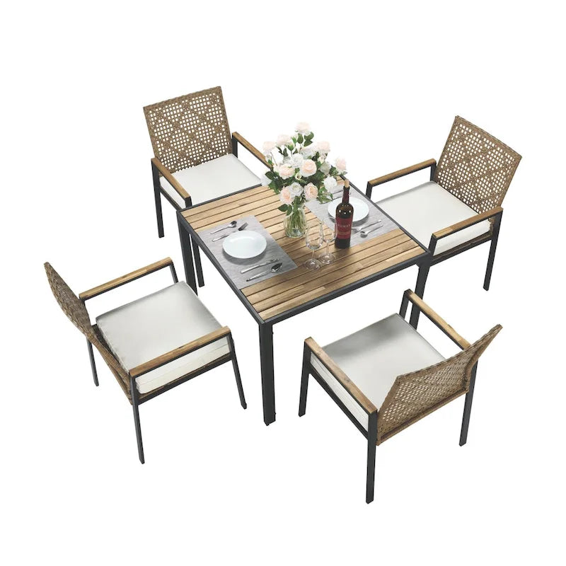 Ensemble de table et chaises de jardin 5 pièces résistant aux intempéries, ensemble de conversation pour patio, plateau de table en bois d'acacia avec trou pour parasol, rotin extérieur