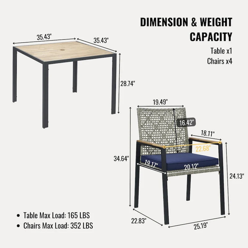 Ensemble de table et chaises de jardin 5 pièces résistant aux intempéries, ensemble de conversation pour patio, plateau de table en bois d'acacia avec trou pour parasol, rotin extérieur