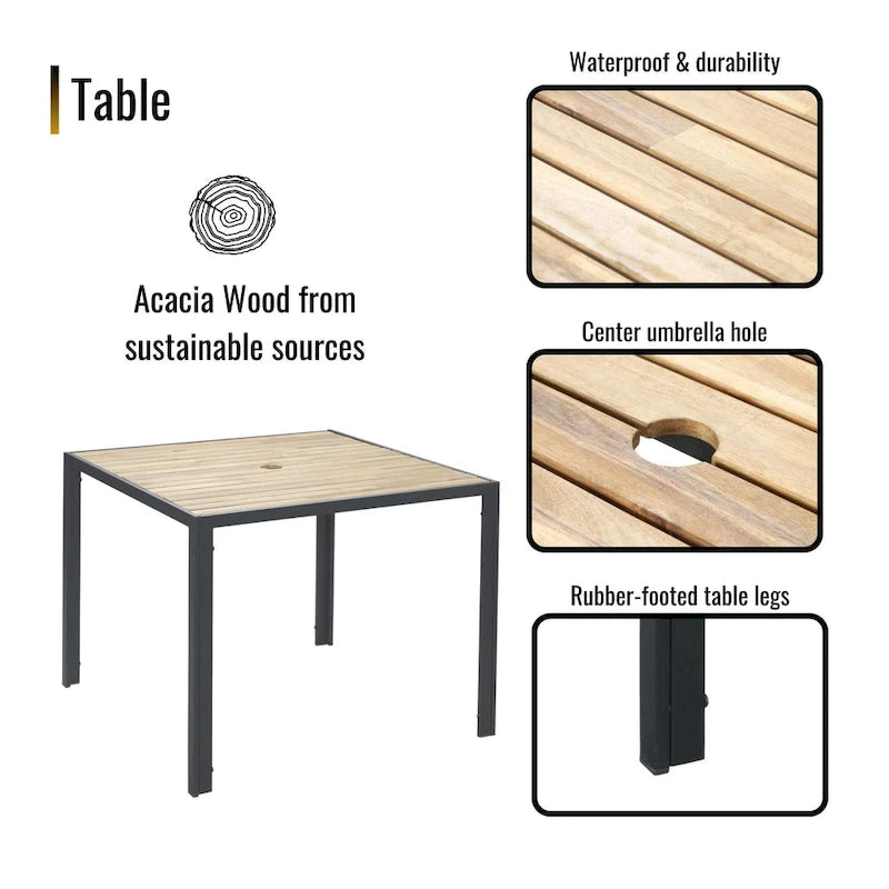 Ensemble de table et chaises de jardin 5 pièces résistant aux intempéries, ensemble de conversation pour patio, plateau de table en bois d'acacia avec trou pour parasol, rotin extérieur