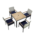 Ensemble de table et chaises de jardin 5 pièces résistant aux intempéries, ensemble de conversation pour patio, plateau de table en bois d'acacia avec trou pour parasol, rotin extérieur