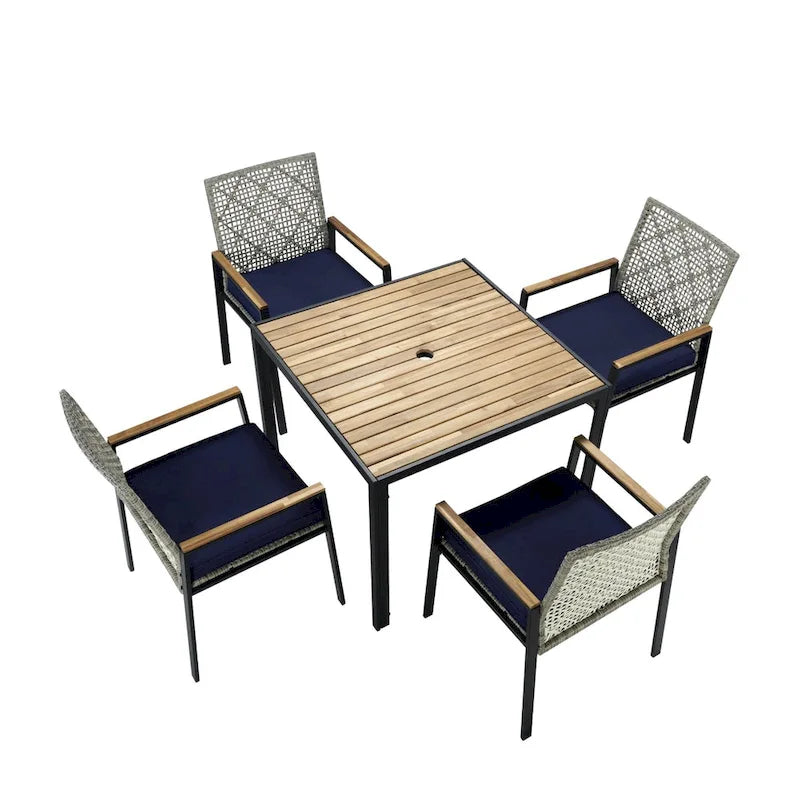 Ensemble de table et chaises de jardin 5 pièces résistant aux intempéries, ensemble de conversation pour patio, plateau de table en bois d'acacia avec trou pour parasol, rotin extérieur