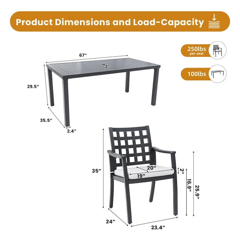 Ensemble de salle à manger d'extérieur moderne et classique 7 pièces, comprenant une table rectangulaire et six chaises de salle à manger fixes.