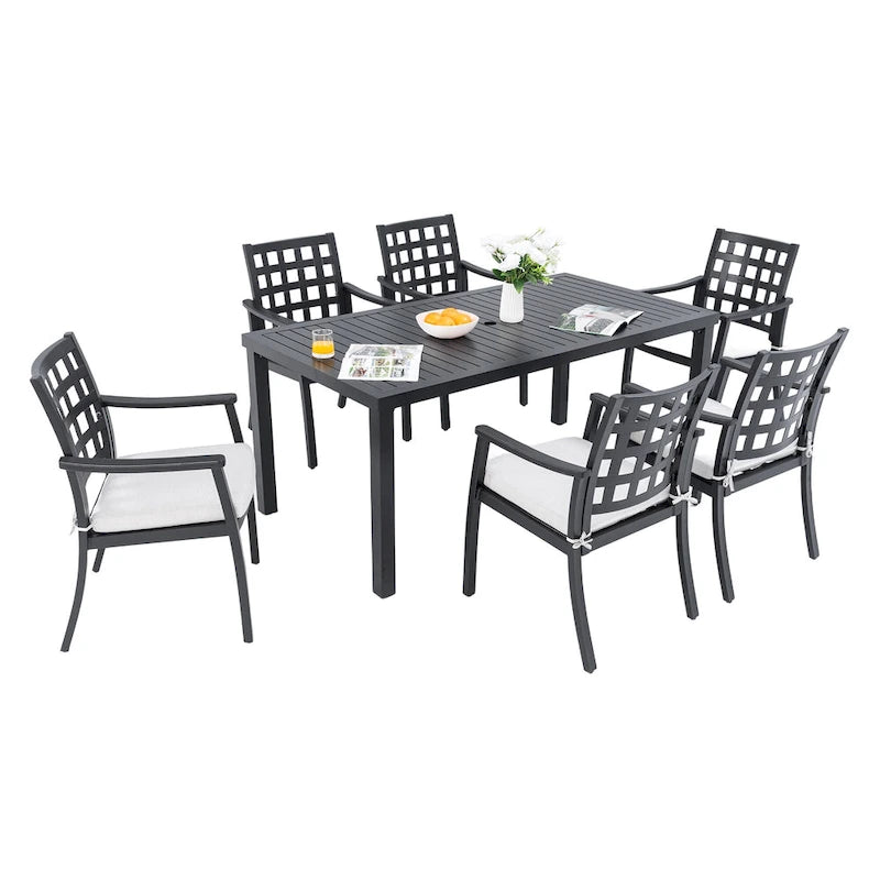 Ensemble de salle à manger d'extérieur moderne et classique 7 pièces, comprenant une table rectangulaire et six chaises de salle à manger fixes.